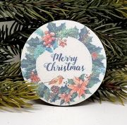  6cm-es lzervgott festett fa tbla: koszors, Merry Christmas